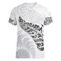 Aotearoa Personalized Lawn Bowls Maori Women V-Neck T-Shirt New Zealand White Tribal Silver Fern LT7 Female White - Polynesian Pride