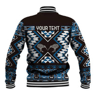 Personalised Taniko Motifs Aotearoa Baseball Jacket Waitangi Kowhaiwhai Kiwi - Blue LT7 - Polynesian Pride