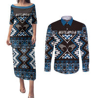 Personalised Taniko Motifs Aotearoa Couples Matching Puletasi and Long Sleeve Button Shirt Waitangi Kowhaiwhai Kiwi - Blue