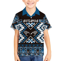 Personalised Taniko Motifs Aotearoa Family Matching Off Shoulder Short Dress and Hawaiian Shirt Waitangi Kowhaiwhai Kiwi - Blue