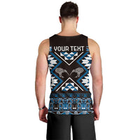 Personalised Taniko Motifs Aotearoa Men Tank Top Waitangi Kowhaiwhai Kiwi - Blue