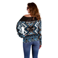 Personalised Taniko Motifs Aotearoa Off Shoulder Sweater Waitangi Kowhaiwhai Kiwi - Blue