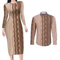 Vintage Beige Hawaiian Traditional Kapa Mix Flowers Lei Couples Matching Long Sleeve Bodycon Dress and Long Sleeve Button Shirt