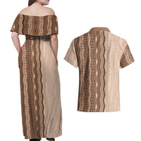 Vintage Beige Hawaiian Traditional Kapa Mix Flowers Lei Couples Matching Off Shoulder Maxi Dress and Hawaiian Shirt