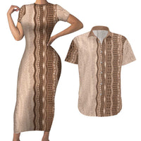 Vintage Beige Hawaiian Traditional Kapa Mix Flowers Lei Couples Matching Short Sleeve Bodycon Dress and Hawaiian Shirt