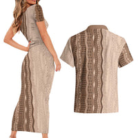 Vintage Beige Hawaiian Traditional Kapa Mix Flowers Lei Couples Matching Short Sleeve Bodycon Dress and Hawaiian Shirt