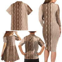 Vintage Beige Hawaiian Traditional Kapa Mix Flowers Lei Family Matching Long Sleeve Bodycon Dress and Hawaiian Shirt