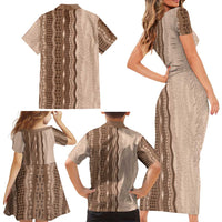 Vintage Beige Hawaiian Traditional Kapa Mix Flowers Lei Family Matching Short Sleeve Bodycon Dress and Hawaiian Shirt