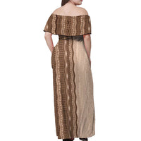 Vintage Beige Hawaiian Traditional Kapa Mix Flowers Lei Off Shoulder Maxi Dress LT7 - Polynesian Pride