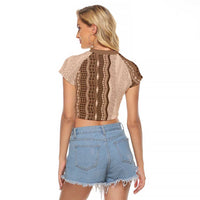 Vintage Beige Hawaiian Traditional Kapa Mix Flowers Lei Raglan Cropped T Shirt