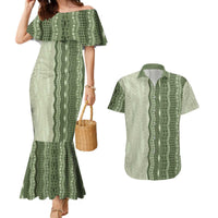 Vintage Sage Green Hawaiian Traditional Kapa Mix Flowers Lei Couples Matching Mermaid Dress and Hawaiian Shirt