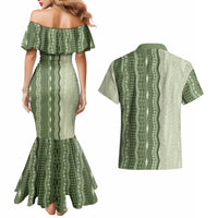 Vintage Sage Green Hawaiian Traditional Kapa Mix Flowers Lei Couples Matching Mermaid Dress and Hawaiian Shirt