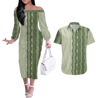 Vintage Sage Green Hawaiian Traditional Kapa Mix Flowers Lei Couples Matching Off The Shoulder Long Sleeve Dress and Hawaiian Shirt