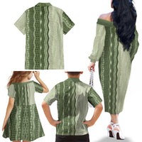 Vintage Sage Green Hawaiian Traditional Kapa Mix Flowers Lei Family Matching Off The Shoulder Long Sleeve Dress and Hawaiian Shirt