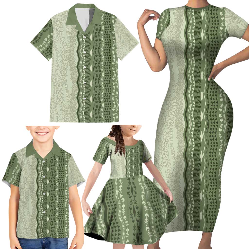 Vintage Sage Green Hawaiian Traditional Kapa Mix Flowers Lei Family Matching Short Sleeve Bodycon Dress and Hawaiian Shirt LT7 - Polynesian Pride