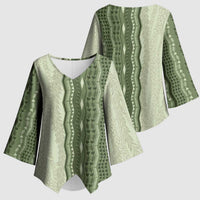 Vintage Sage Green Hawaiian Traditional Kapa Mix Flowers Lei Kimono Sleeve Blouse LT7 - Polynesian Pride
