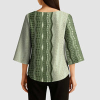 Vintage Sage Green Hawaiian Traditional Kapa Mix Flowers Lei Kimono Sleeve Blouse LT7 - Polynesian Pride