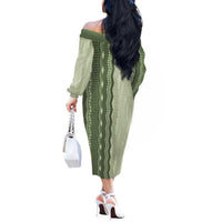 Vintage Sage Green Hawaiian Traditional Kapa Mix Flowers Lei Off The Shoulder Long Sleeve Dress