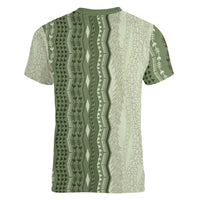 Vintage Sage Green Hawaiian Traditional Kapa Mix Flowers Lei Women V-Neck T-Shirt