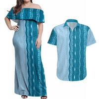Vintage Cobalt Blue Hawaiian Traditional Kapa Mix Flowers Lei Couples Matching Off Shoulder Maxi Dress and Hawaiian Shirt