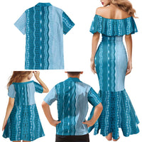 Vintage Cobalt Blue Hawaiian Traditional Kapa Mix Flowers Lei Family Matching Mermaid Dress and Hawaiian Shirt