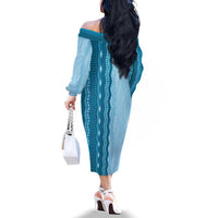 Vintage Cobalt Blue Hawaiian Traditional Kapa Mix Flowers Lei Family Matching Off The Shoulder Long Sleeve Dress and Hawaiian Shirt