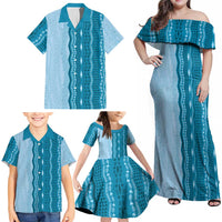 Vintage Cobalt Blue Hawaiian Traditional Kapa Mix Flowers Lei Family Matching Off Shoulder Maxi Dress and Hawaiian Shirt