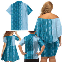 Vintage Cobalt Blue Hawaiian Traditional Kapa Mix Flowers Lei Family Matching Off Shoulder Short Dress and Hawaiian Shirt
