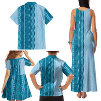 Vintage Cobalt Blue Hawaiian Traditional Kapa Mix Flowers Lei Family Matching Tank Maxi Dress and Hawaiian Shirt