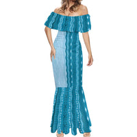 Vintage Cobalt Blue Hawaiian Traditional Kapa Mix Flowers Lei Mermaid Dress LT7 - Polynesian Pride