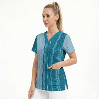 Vintage Cobalt Blue Hawaiian Traditional Kapa Mix Flowers Lei Scrub Top