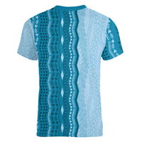 Vintage Cobalt Blue Hawaiian Traditional Kapa Mix Flowers Lei Women V-Neck T-Shirt