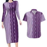 Vintage Violet Hawaiian Traditional Kapa Mix Flowers Lei Couples Matching Long Sleeve Bodycon Dress and Hawaiian Shirt