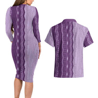 Vintage Violet Hawaiian Traditional Kapa Mix Flowers Lei Couples Matching Long Sleeve Bodycon Dress and Hawaiian Shirt