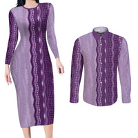 Vintage Violet Hawaiian Traditional Kapa Mix Flowers Lei Couples Matching Long Sleeve Bodycon Dress and Long Sleeve Button Shirt