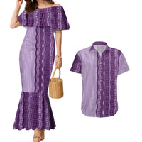 Vintage Violet Hawaiian Traditional Kapa Mix Flowers Lei Couples Matching Mermaid Dress and Hawaiian Shirt