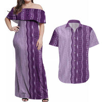 Vintage Violet Hawaiian Traditional Kapa Mix Flowers Lei Couples Matching Off Shoulder Maxi Dress and Hawaiian Shirt