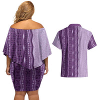 Vintage Violet Hawaiian Traditional Kapa Mix Flowers Lei Couples Matching Off Shoulder Short Dress and Hawaiian Shirt