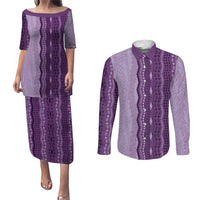Vintage Violet Hawaiian Traditional Kapa Mix Flowers Lei Couples Matching Puletasi and Long Sleeve Button Shirt