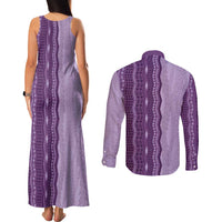 Vintage Violet Hawaiian Traditional Kapa Mix Flowers Lei Couples Matching Tank Maxi Dress and Long Sleeve Button Shirt