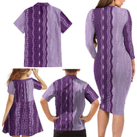 Vintage Violet Hawaiian Traditional Kapa Mix Flowers Lei Family Matching Long Sleeve Bodycon Dress and Hawaiian Shirt