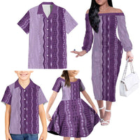 Vintage Violet Hawaiian Traditional Kapa Mix Flowers Lei Family Matching Off The Shoulder Long Sleeve Dress and Hawaiian Shirt