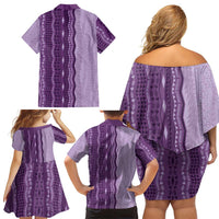 Vintage Violet Hawaiian Traditional Kapa Mix Flowers Lei Family Matching Off Shoulder Short Dress and Hawaiian Shirt