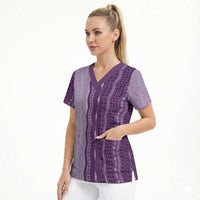 Vintage Violet Hawaiian Traditional Kapa Mix Flowers Lei Scrub Top LT7 - Polynesian Pride