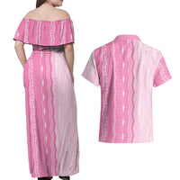 Vintage Pink Hawaiian Traditional Kapa Mix Flowers Lei Couples Matching Off Shoulder Maxi Dress and Hawaiian Shirt