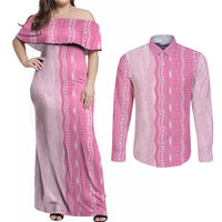 Vintage Pink Hawaiian Traditional Kapa Mix Flowers Lei Couples Matching Off Shoulder Maxi Dress and Long Sleeve Button Shirt