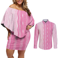 Vintage Pink Hawaiian Traditional Kapa Mix Flowers Lei Couples Matching Off Shoulder Short Dress and Long Sleeve Button Shirt