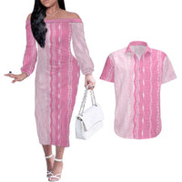 Vintage Pink Hawaiian Traditional Kapa Mix Flowers Lei Couples Matching Off The Shoulder Long Sleeve Dress and Hawaiian Shirt