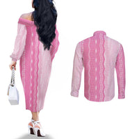 Vintage Pink Hawaiian Traditional Kapa Mix Flowers Lei Couples Matching Off The Shoulder Long Sleeve Dress and Long Sleeve Button Shirt