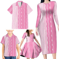 Vintage Pink Hawaiian Traditional Kapa Mix Flowers Lei Family Matching Long Sleeve Bodycon Dress and Hawaiian Shirt